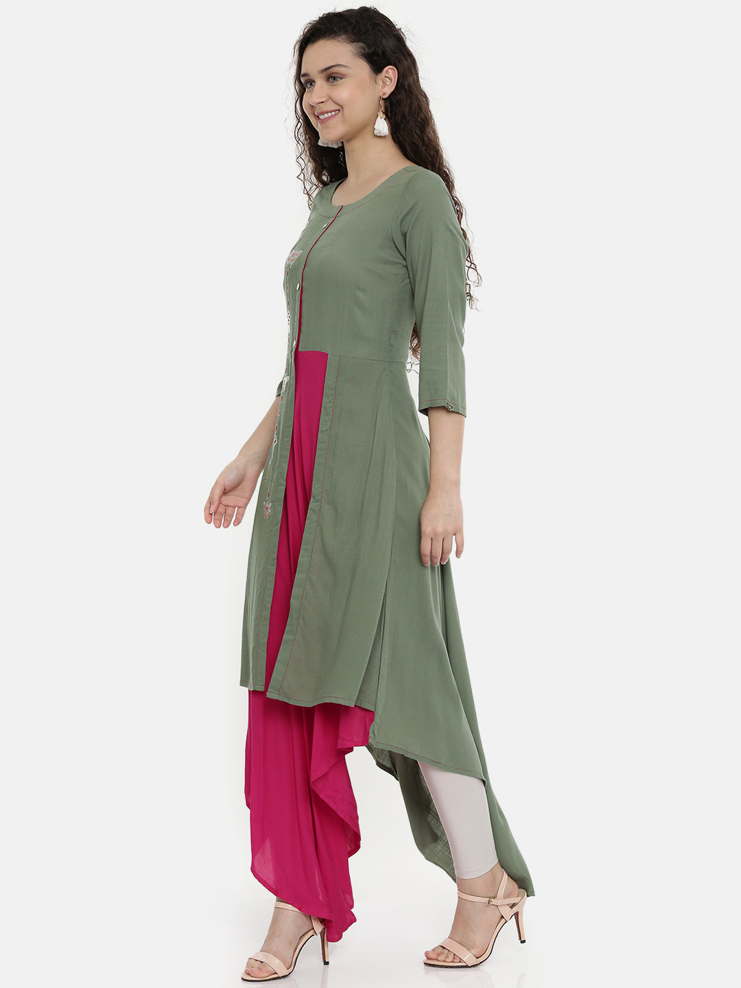 Neerus Women Grey Pink Printed A-Line Asymmetric Layered Kurta