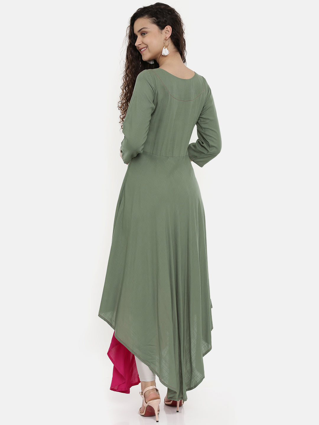 Neerus Women Grey Pink Printed A-Line Asymmetric Layered Kurta