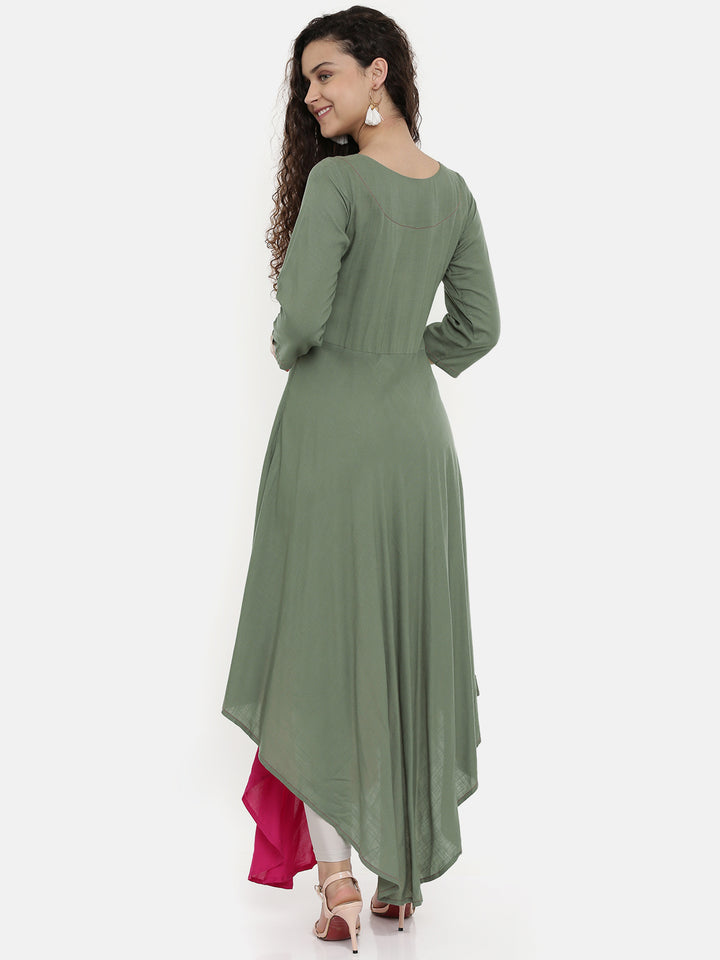 Neerus Women Grey Pink Printed A-Line Asymmetric Layered Kurta