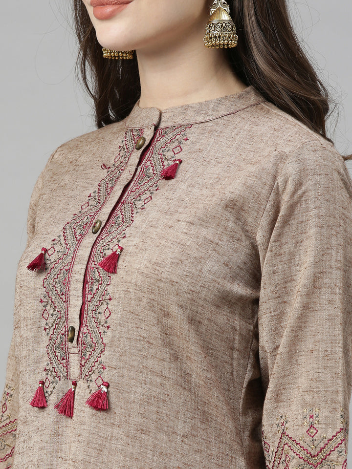 Neerus Beige Maroon Color Rayon Fabric Tunic Set