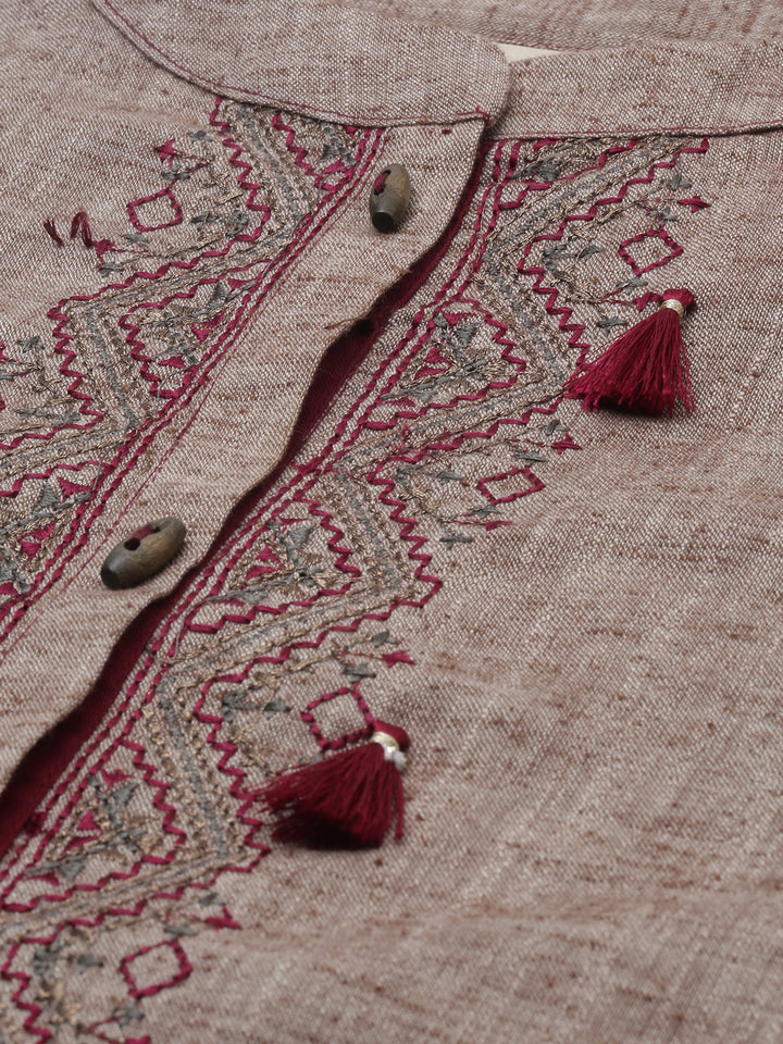 Neerus Beige Maroon Color Rayon Fabric Tunic Set