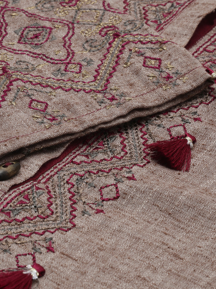 Neerus Beige Maroon Color Rayon Fabric Tunic Set