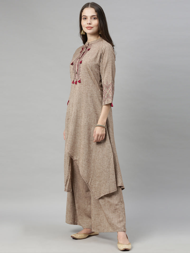 Neerus Beige Maroon Color Rayon Fabric Tunic Set