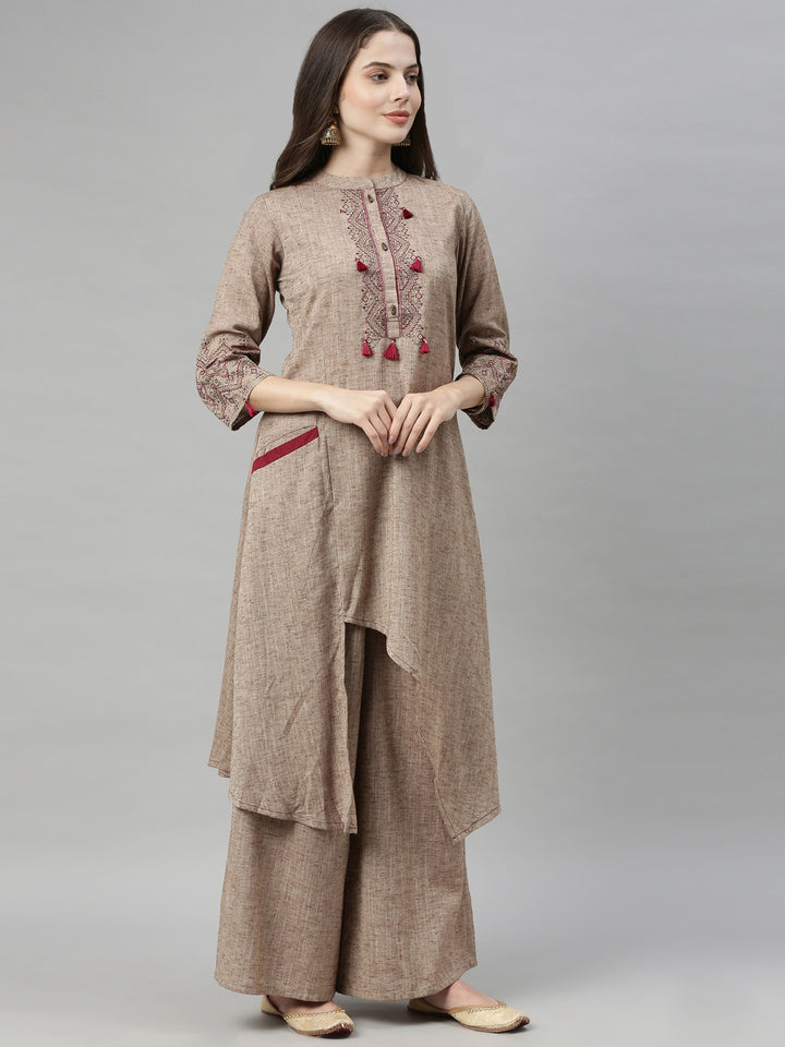 Neerus Beige Maroon Color Rayon Fabric Tunic Set