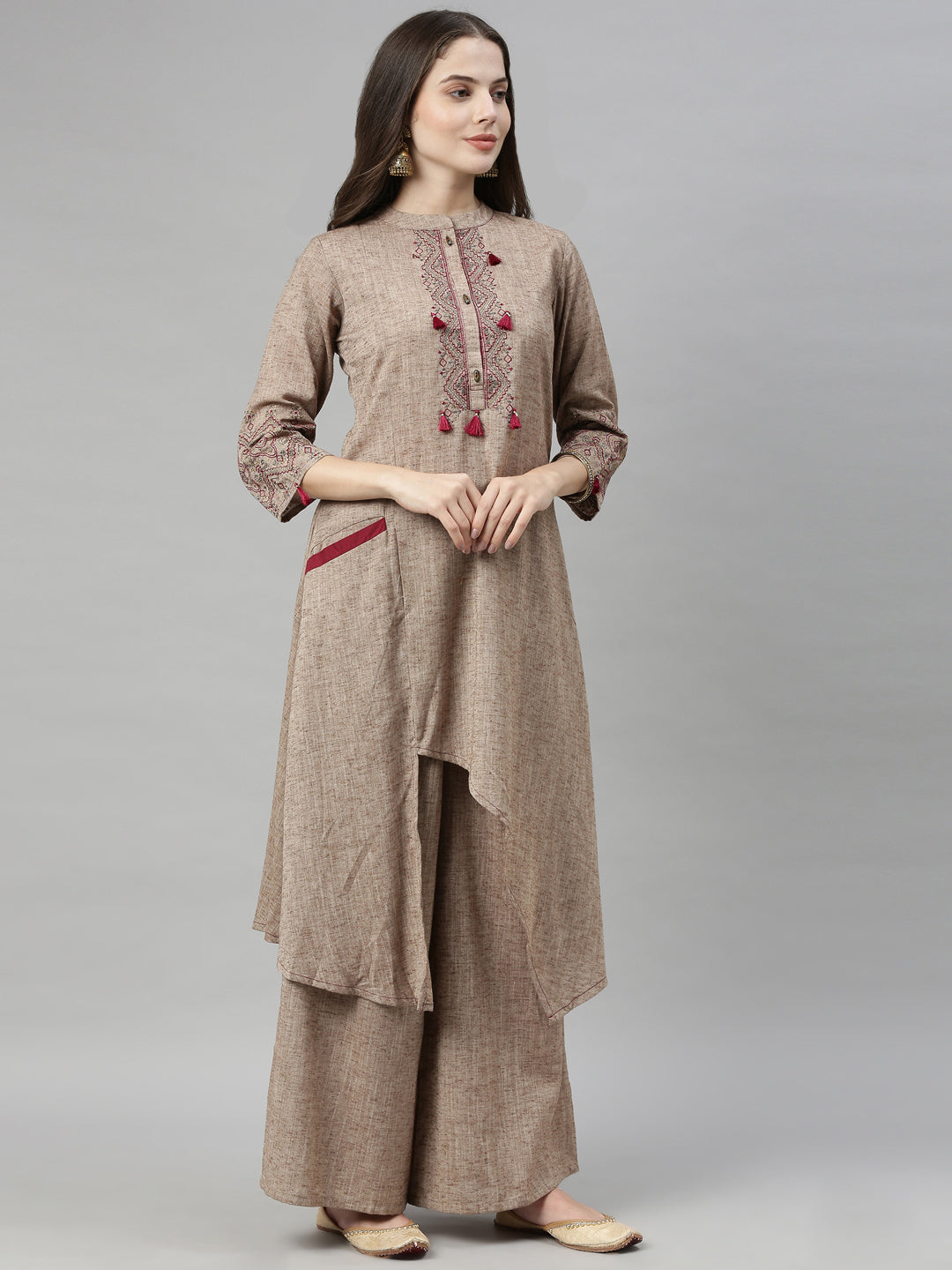 Neeru's Beige Maroon Color Rayon Fabric Tunic Set