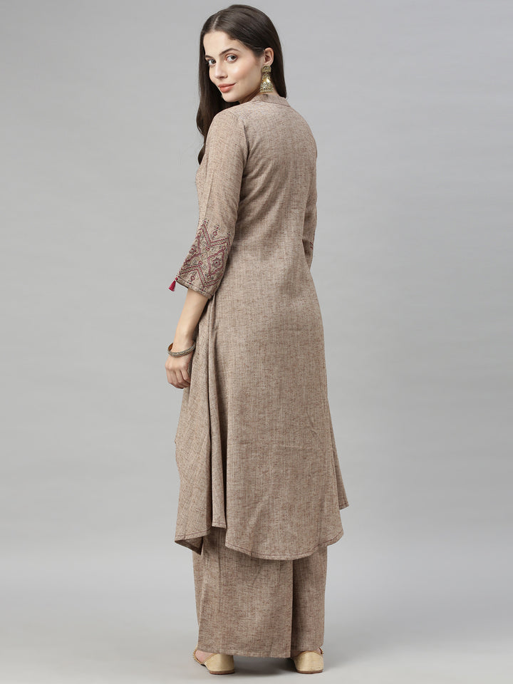 Neerus Beige Maroon Color Rayon Fabric Tunic Set