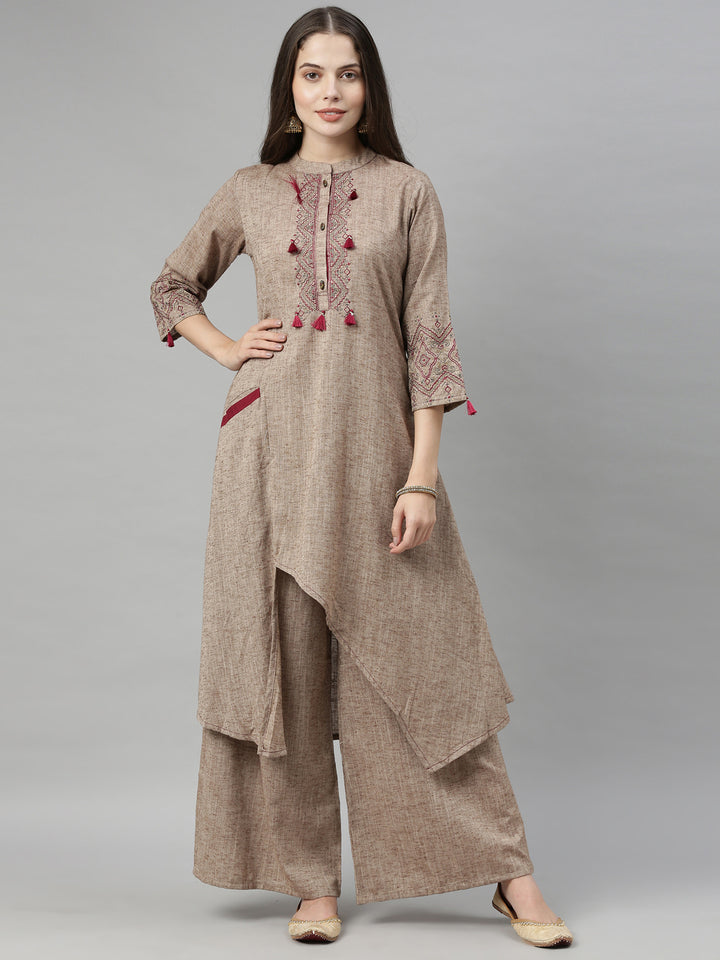 Neerus Beige Maroon Color Rayon Fabric Tunic Set