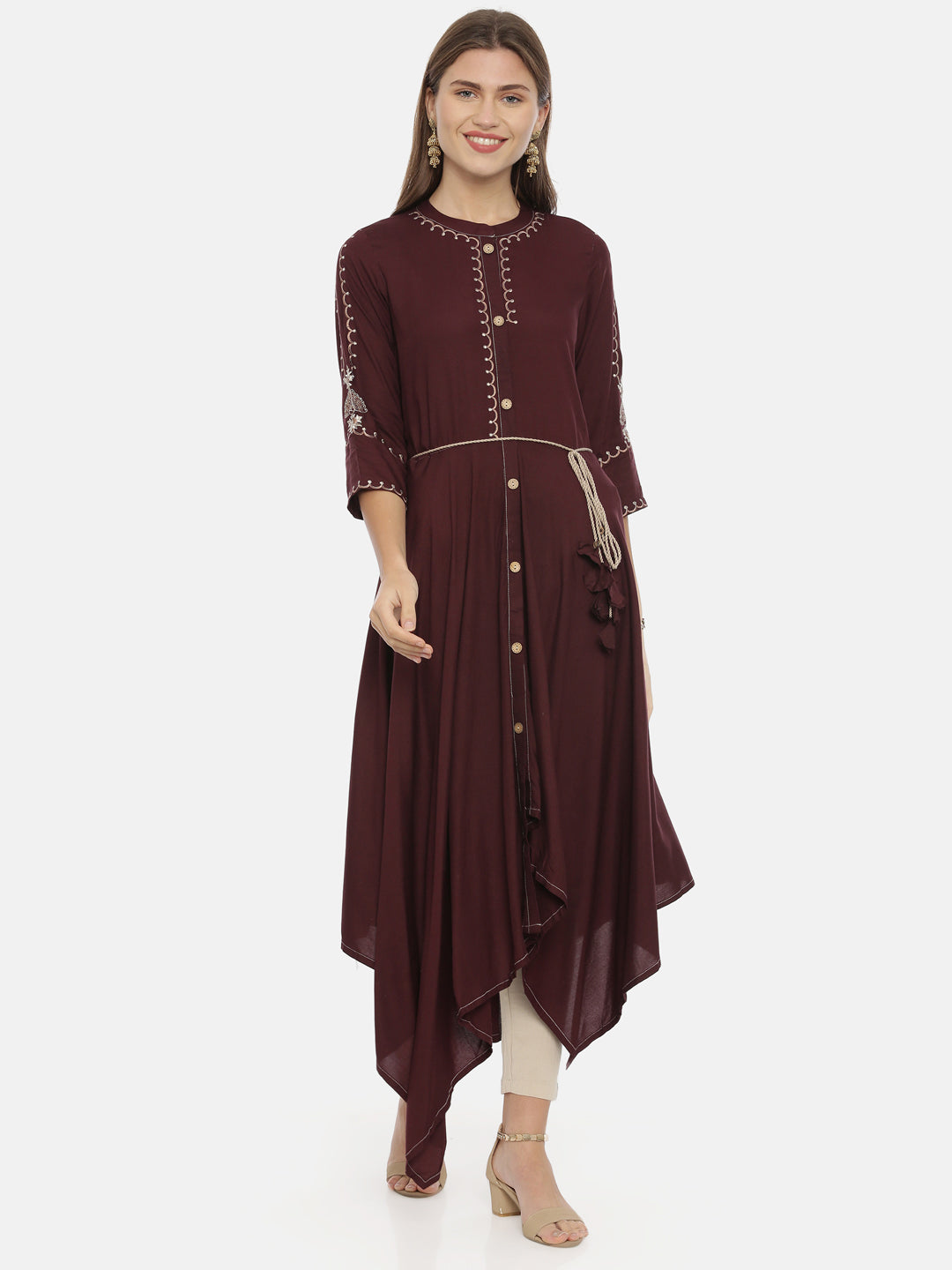 Neerus Brown rayon embroidered high-low kurta - front view