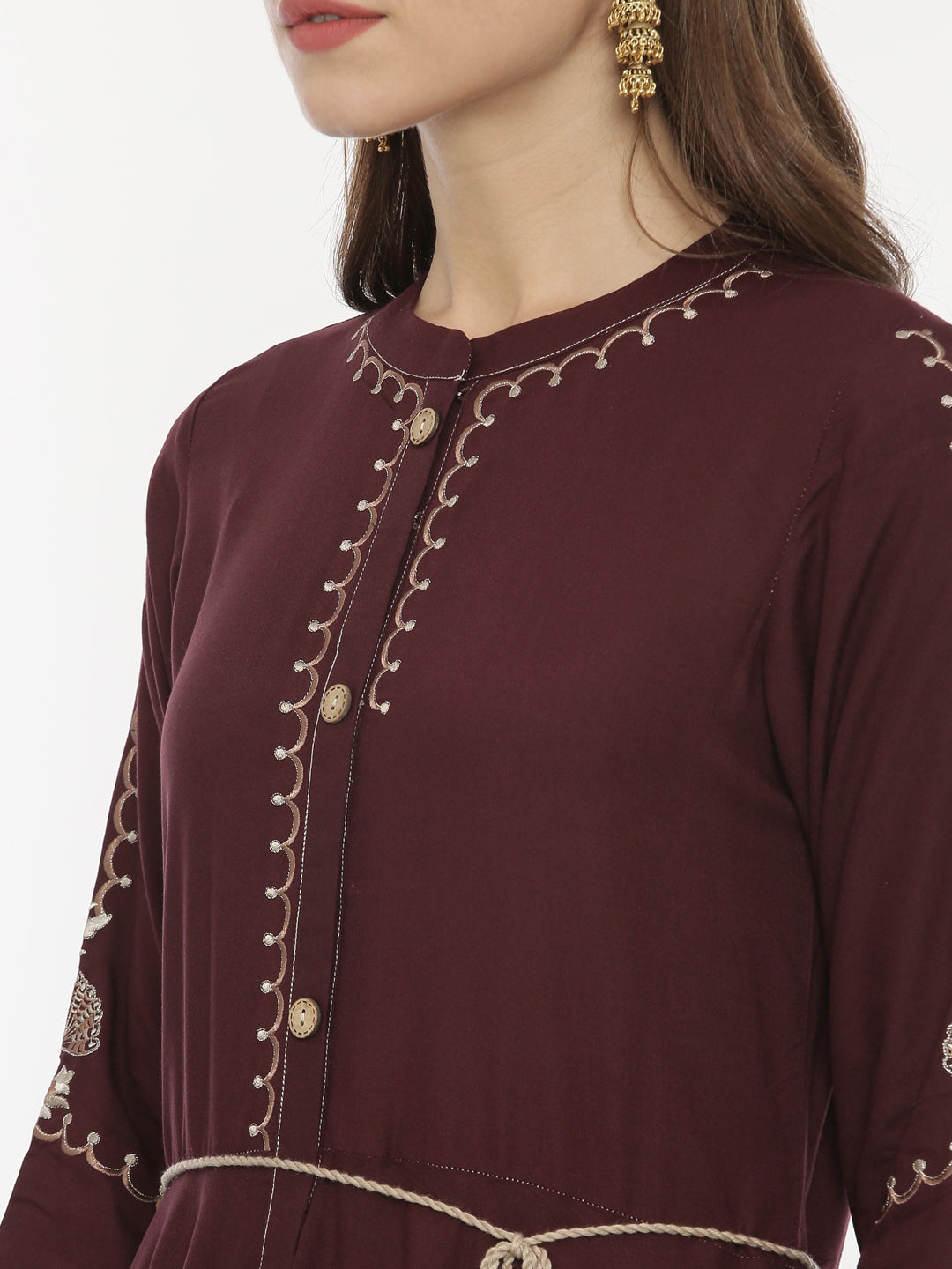 Neerus Brown rayon embroidered high-low kurta - back view