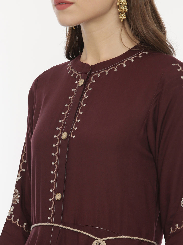 Neerus Brown rayon embroidered high-low kurta - back view