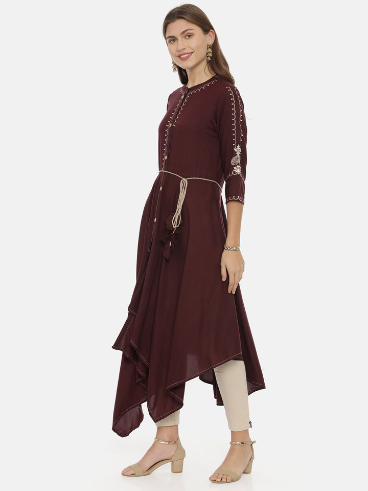 Neerus Brown rayon embroidered high-low kurta - side view