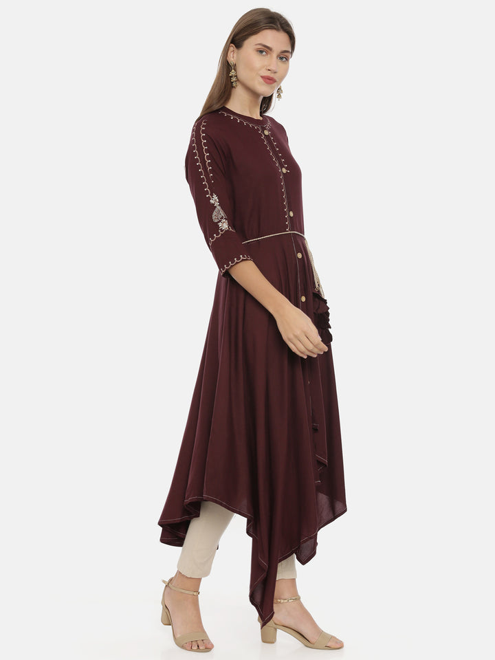 Neerus Brown rayon embroidered high-low kurta - detail view 1