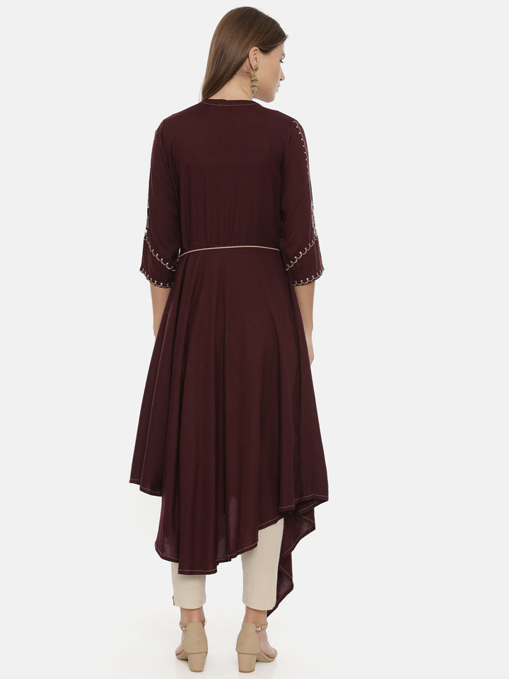 Neerus Brown rayon embroidered high-low kurta - detail view 2