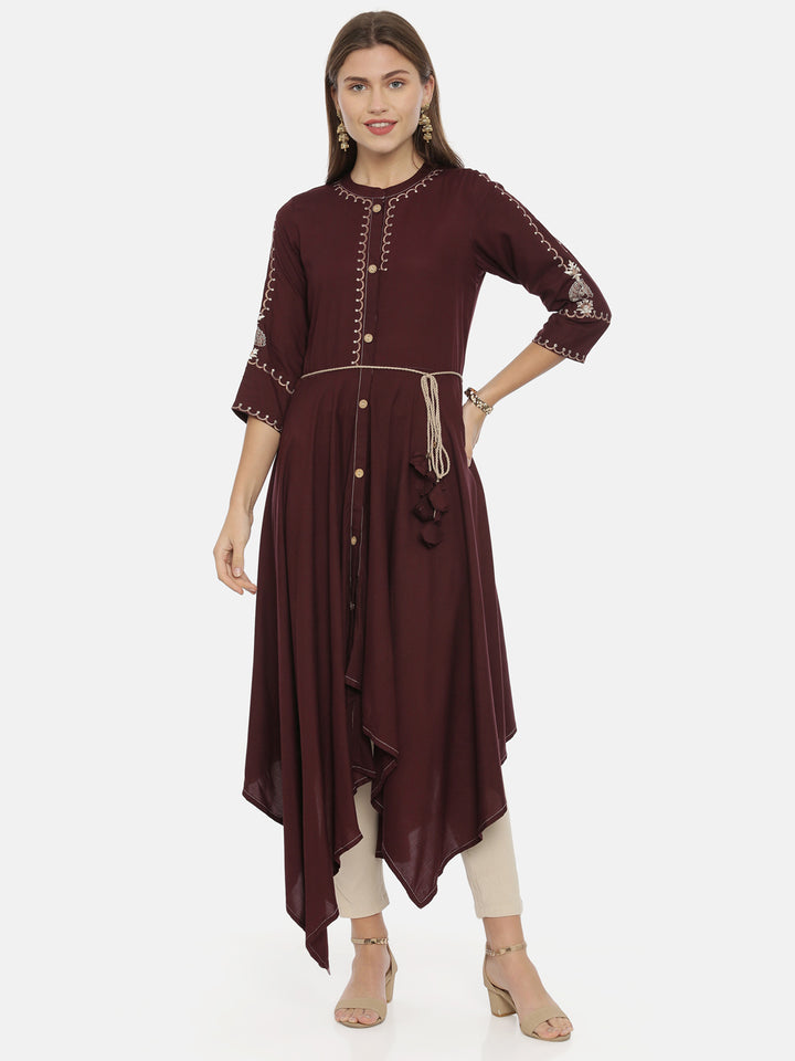 Neerus Brown rayon embroidered high-low kurta - detail view 3