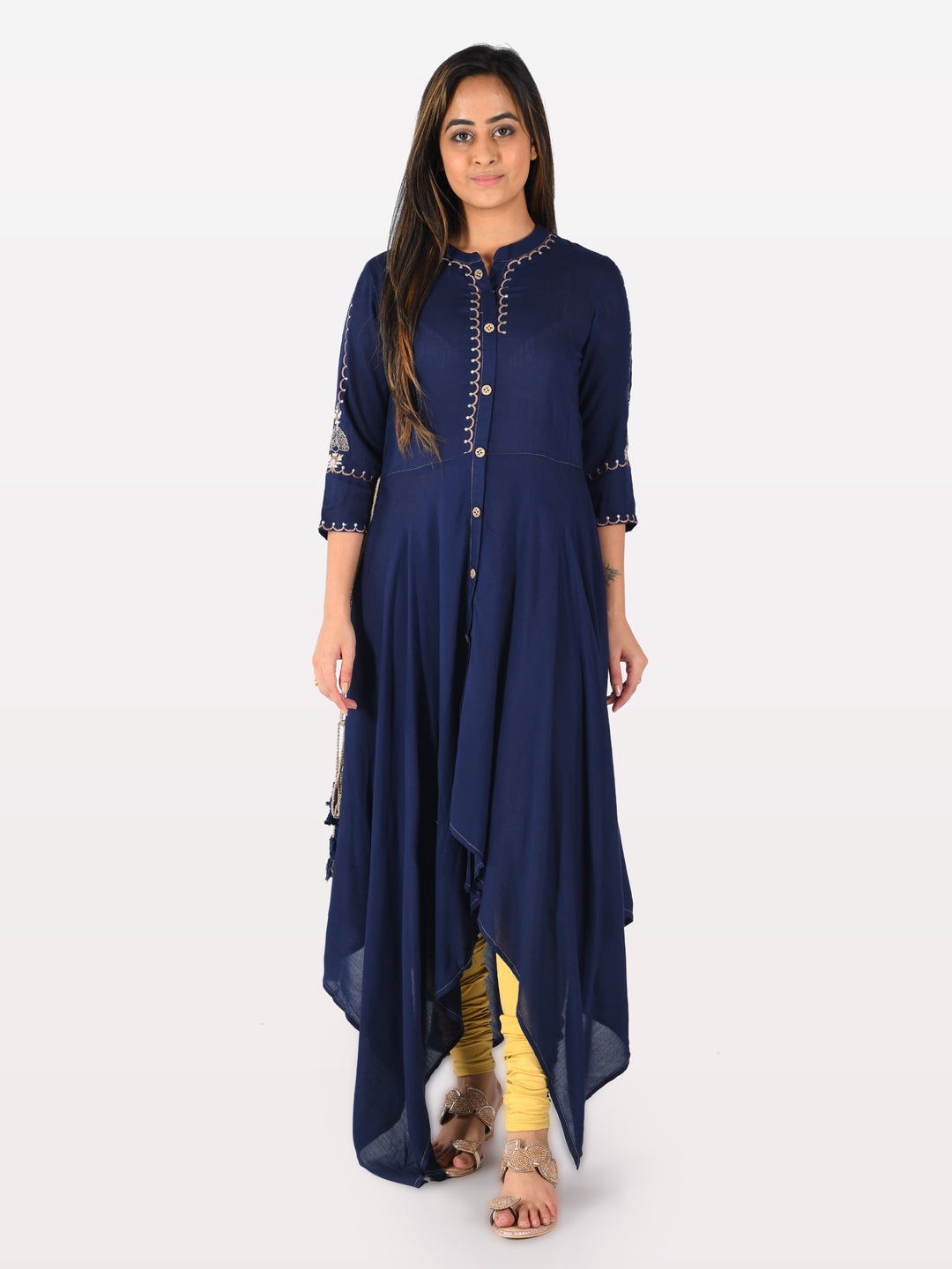 Neerus Blue Embroidered High Low Kurta