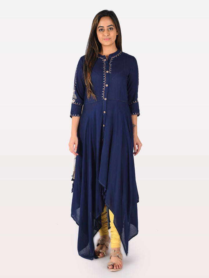Neerus Blue Embroidered High Low Kurta