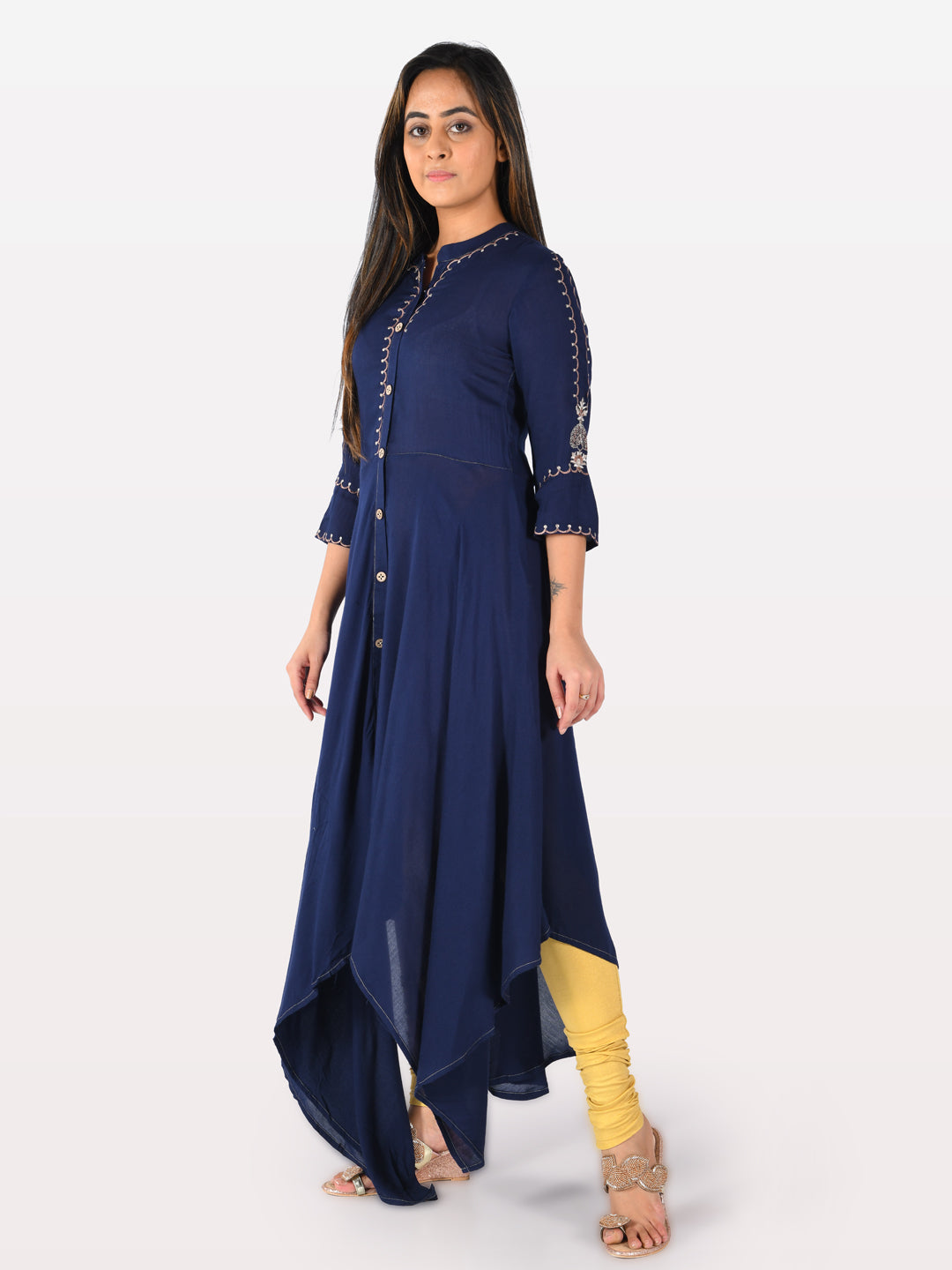 Neerus Blue Embroidered High Low Kurta