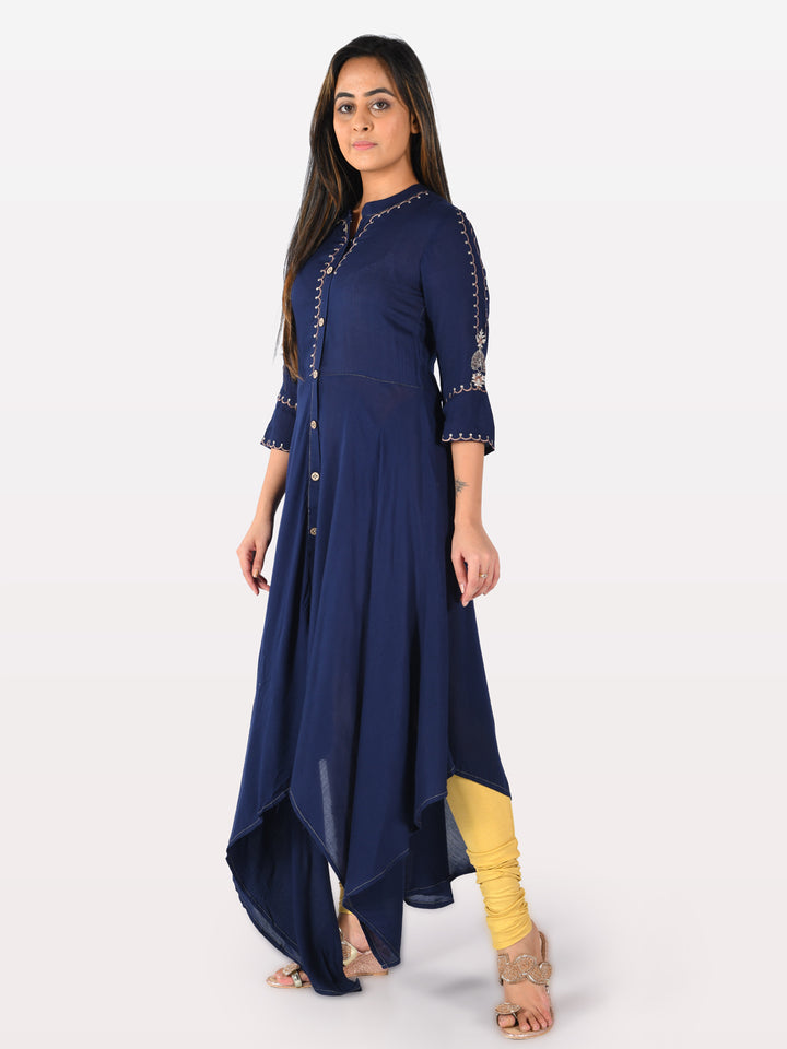 Neerus Blue Embroidered High Low Kurta