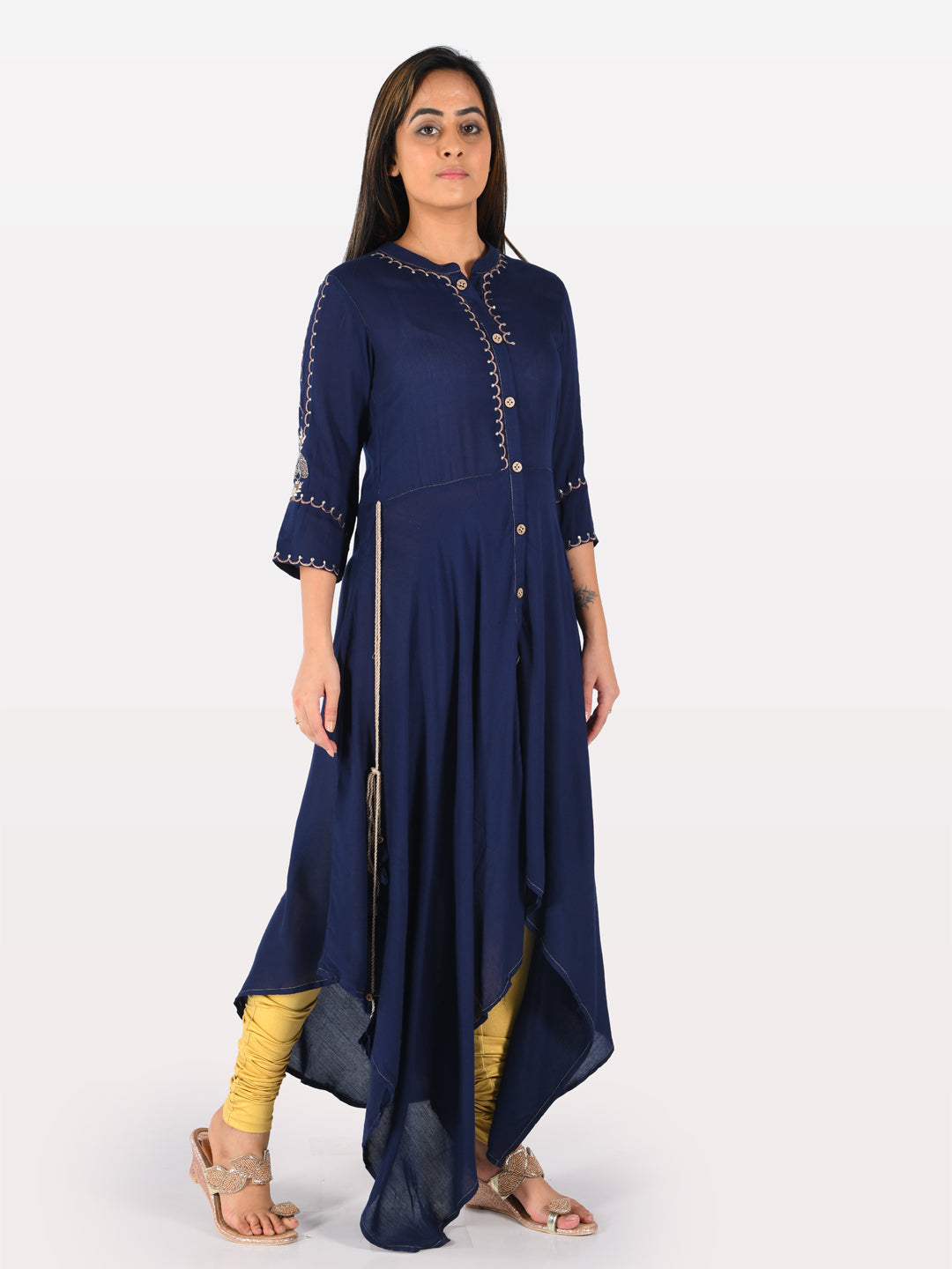Neerus Blue Embroidered High Low Kurta