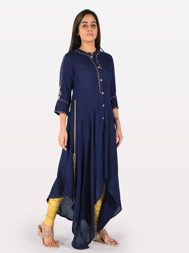 Neerus Blue Embroidered High Low Kurta