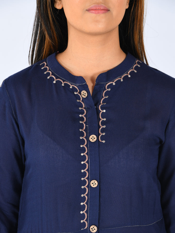 Neerus Blue Embroidered High Low Kurta