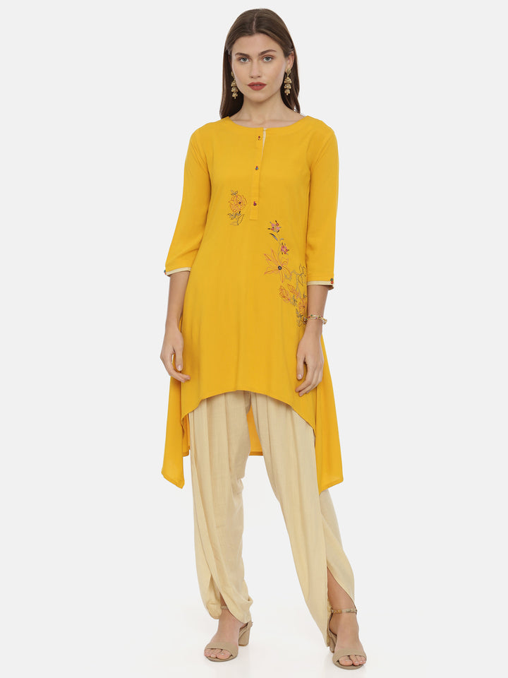 Neerus Yellow Embroidered High Low Kurta