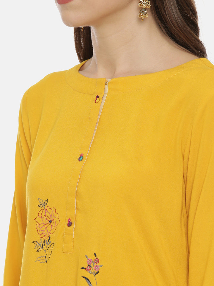 Neerus Yellow Embroidered High Low Kurta