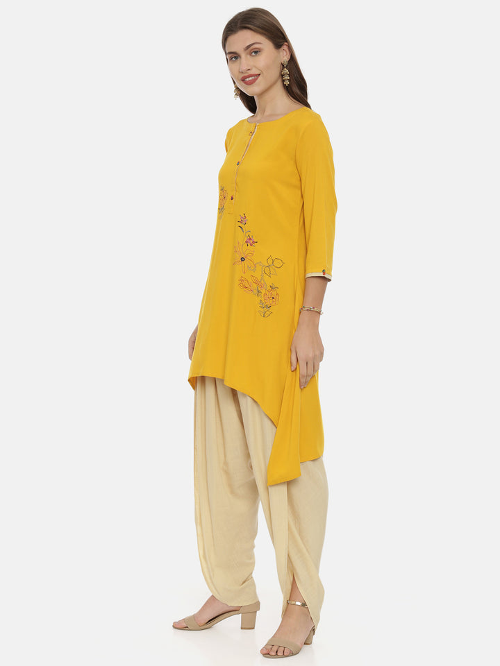 Neerus Yellow Embroidered High Low Kurta
