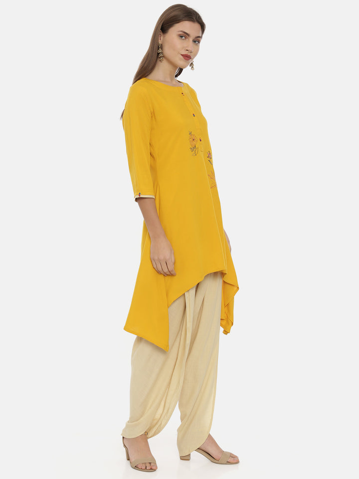 Neerus Yellow Embroidered High Low Kurta