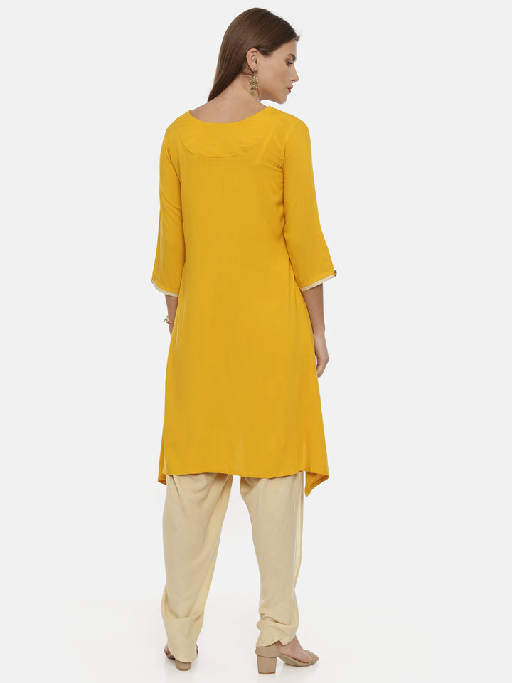 Neerus Yellow Embroidered High Low Kurta