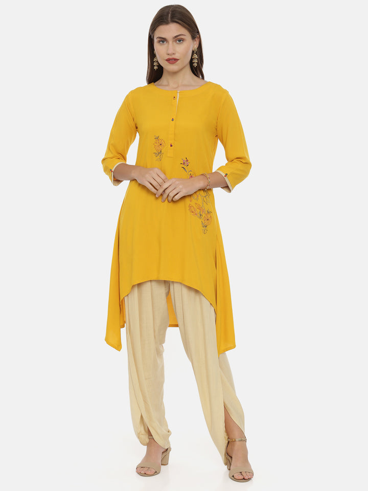 Neerus Yellow Embroidered High Low Kurta