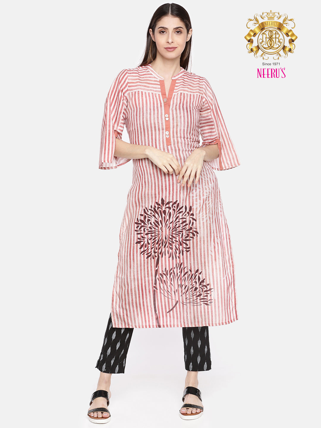 Neerus Pink rayon solid kurti - front view