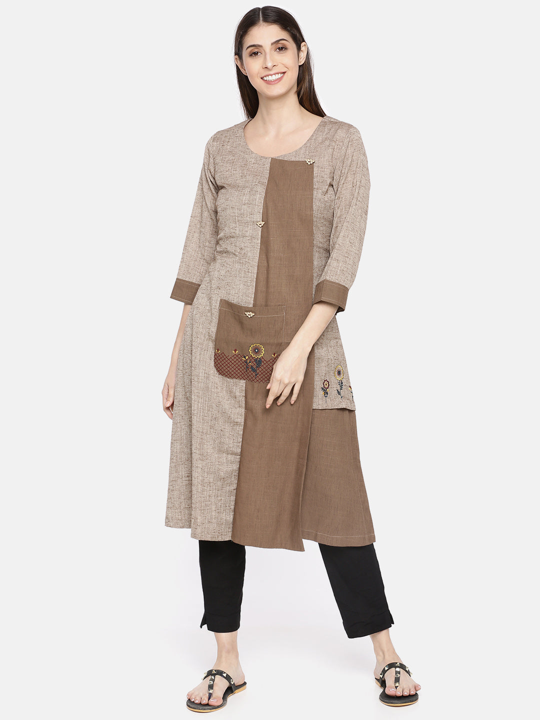 Neerus Brown cotton embroidered A-line kurta - front view