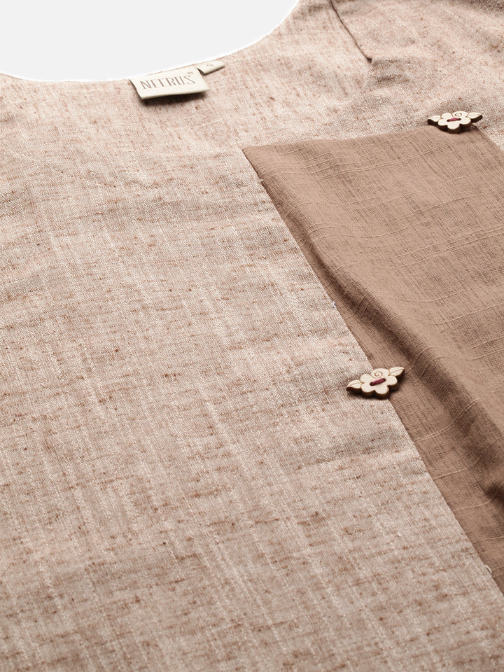 Neerus Brown cotton embroidered A-line kurta - back view