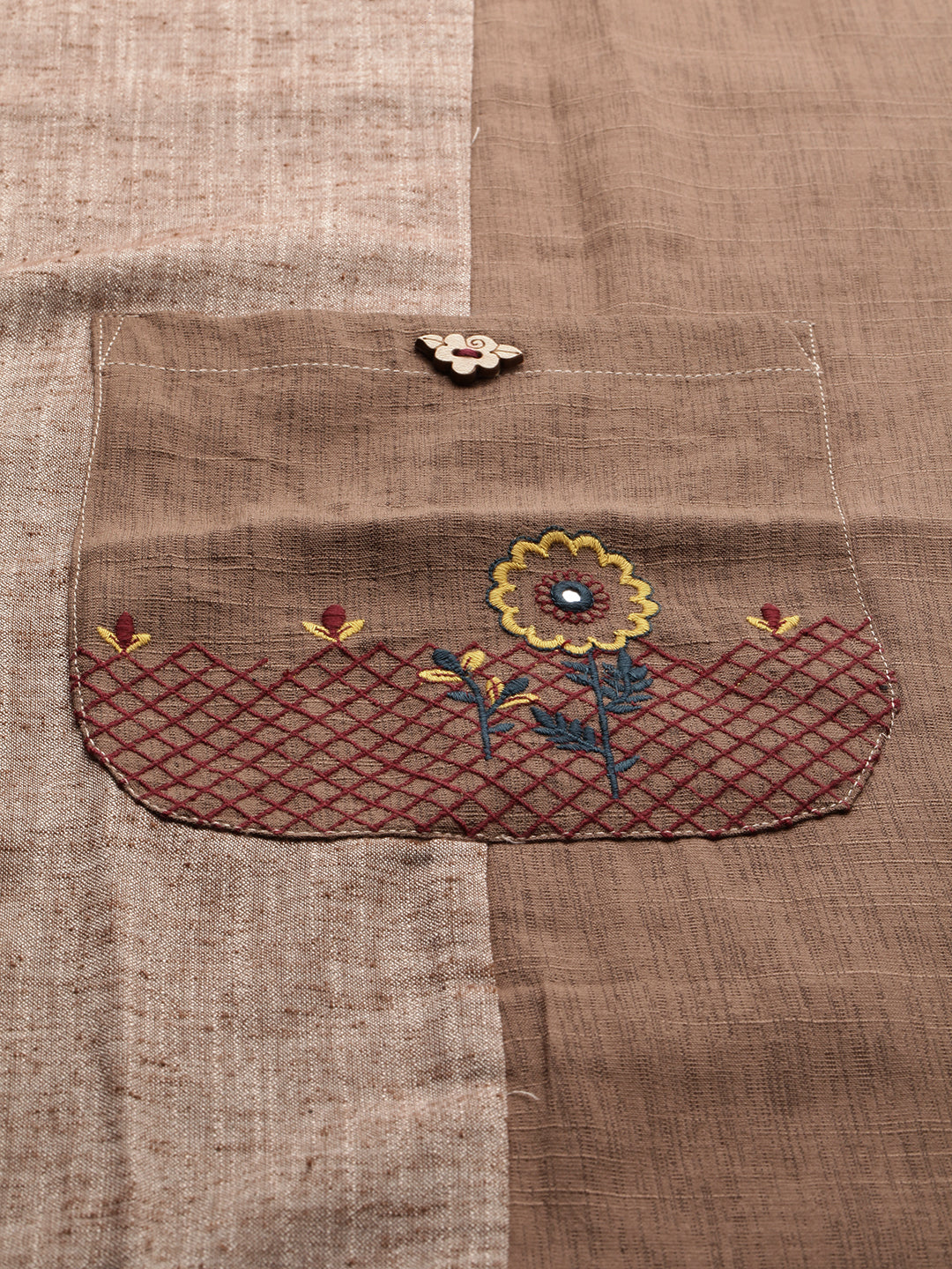 Neerus Brown cotton embroidered A-line kurta - side view