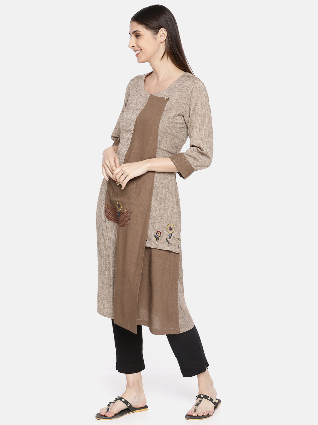 Neerus Brown cotton embroidered A-line kurta - detail view 1