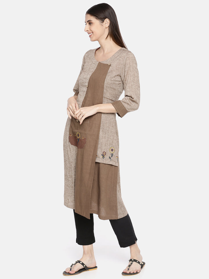 Neerus Brown cotton embroidered A-line kurta - detail view 1