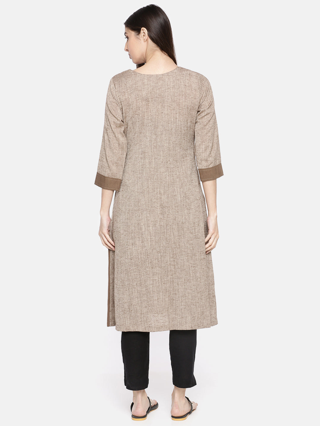 Neerus Brown cotton embroidered A-line kurta - detail view 2