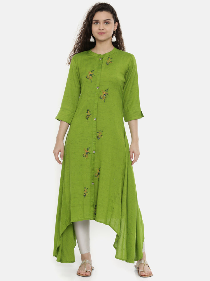 Neerus Green rayon embroidered high-low kurta - front view
