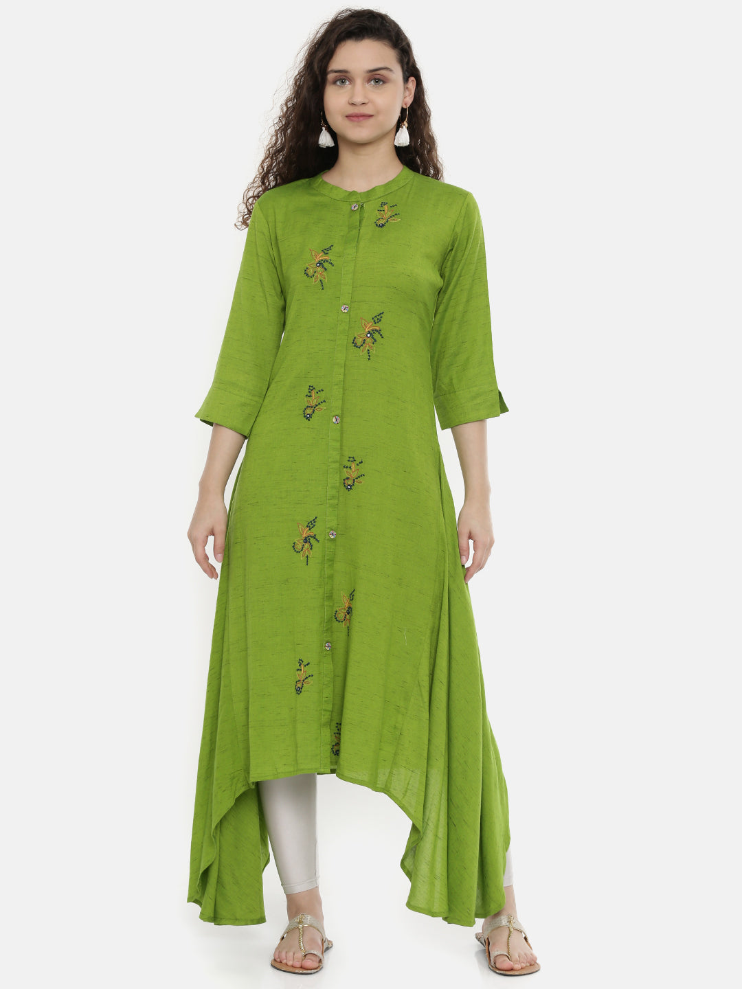 Neeru's Green Embroidered High Low Kurta
