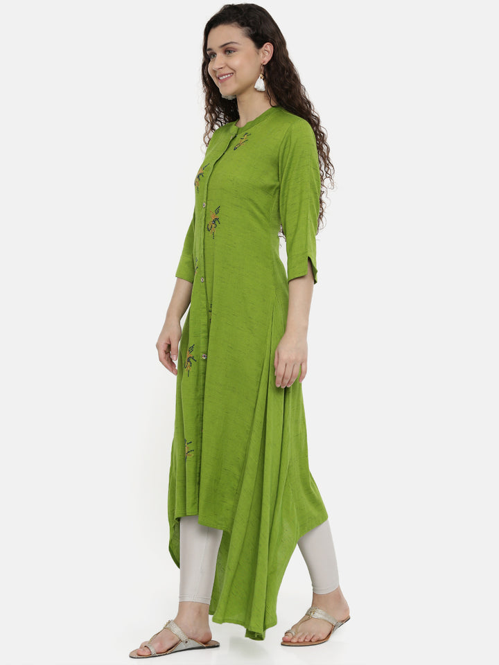 Neerus Green rayon embroidered high-low kurta - side view