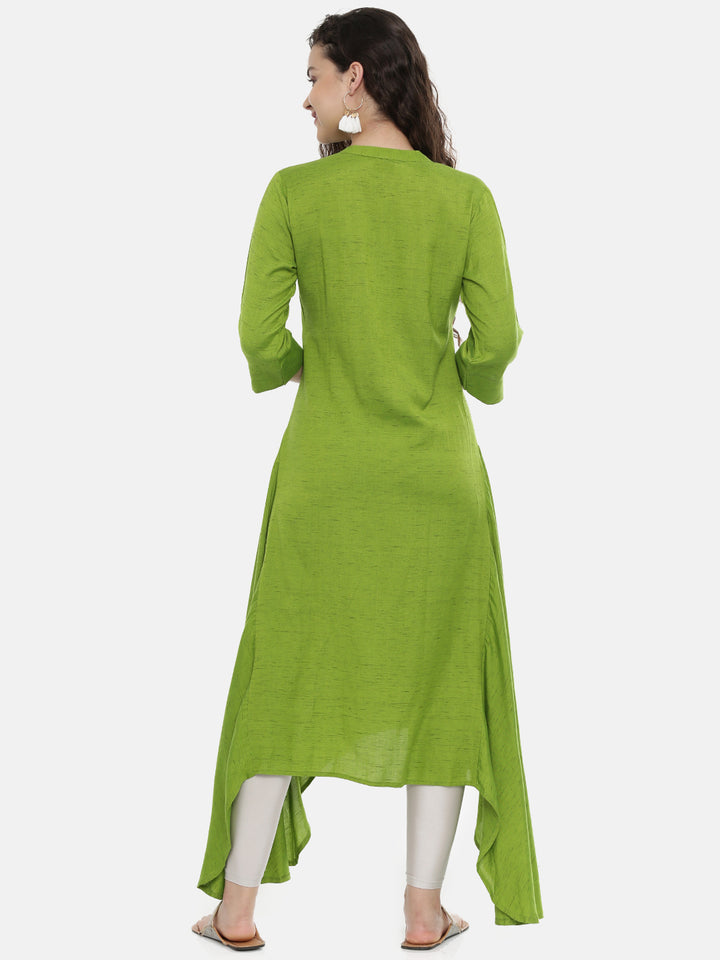 Neerus Green rayon embroidered high-low kurta - detail view 1