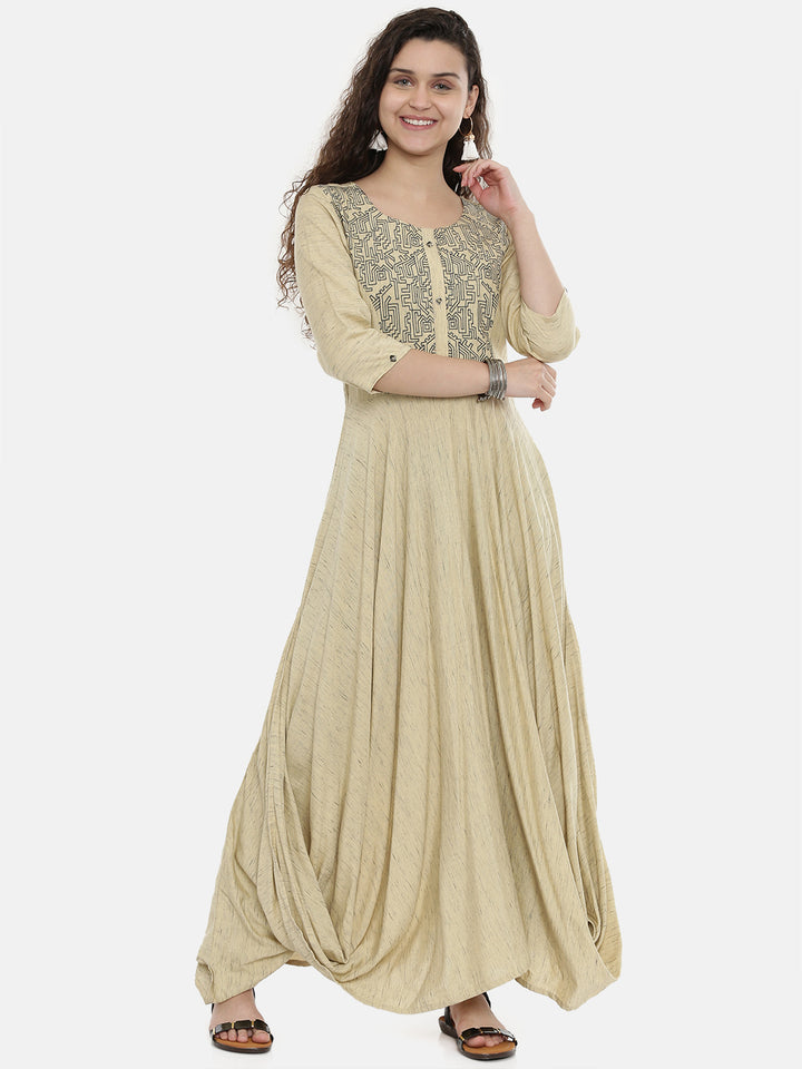 Neerus Beige rayon embroidered A-line kurta - front view