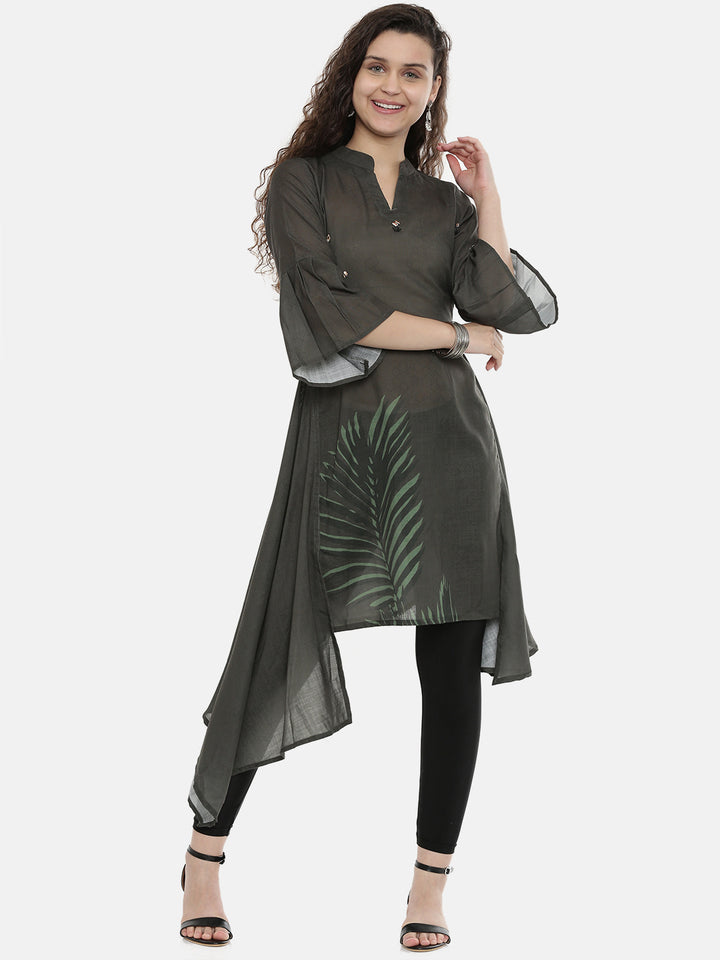 Neerus Grey rayon printed high-low kurta - front view