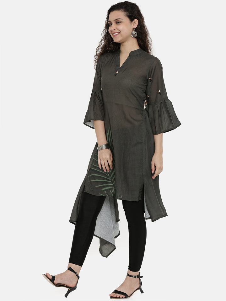 Neerus Grey rayon printed high-low kurta - side view