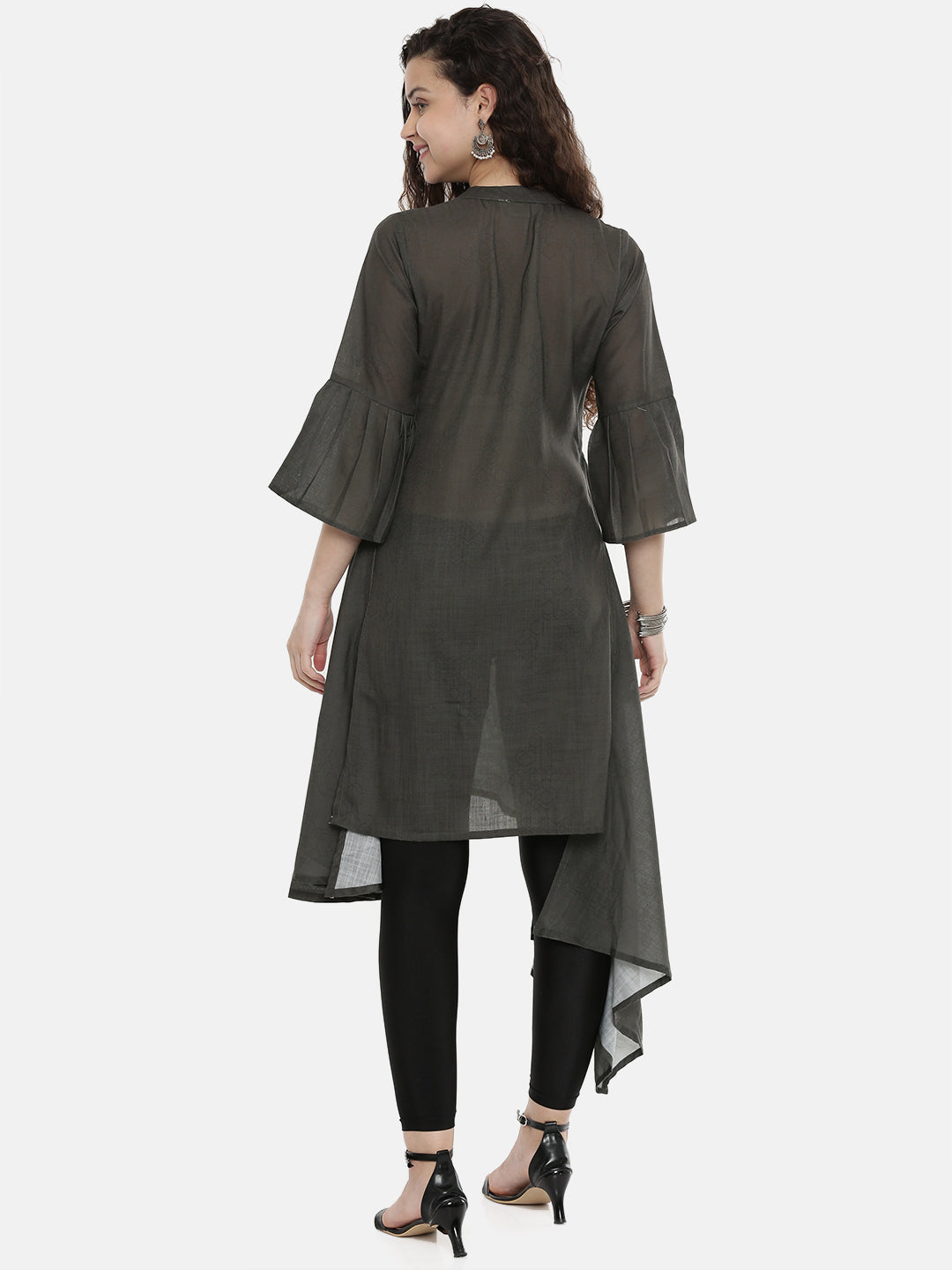 Neerus Grey rayon printed high-low kurta - detail view 1