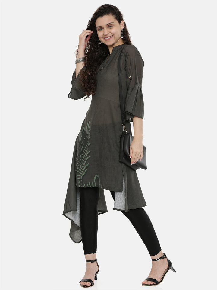 Neerus Grey rayon printed high-low kurta - detail view 2