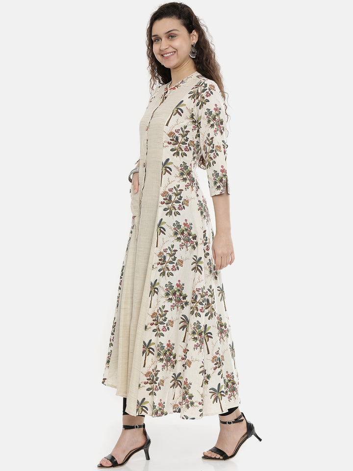 Neerus Ivory Printed High Low Kurta