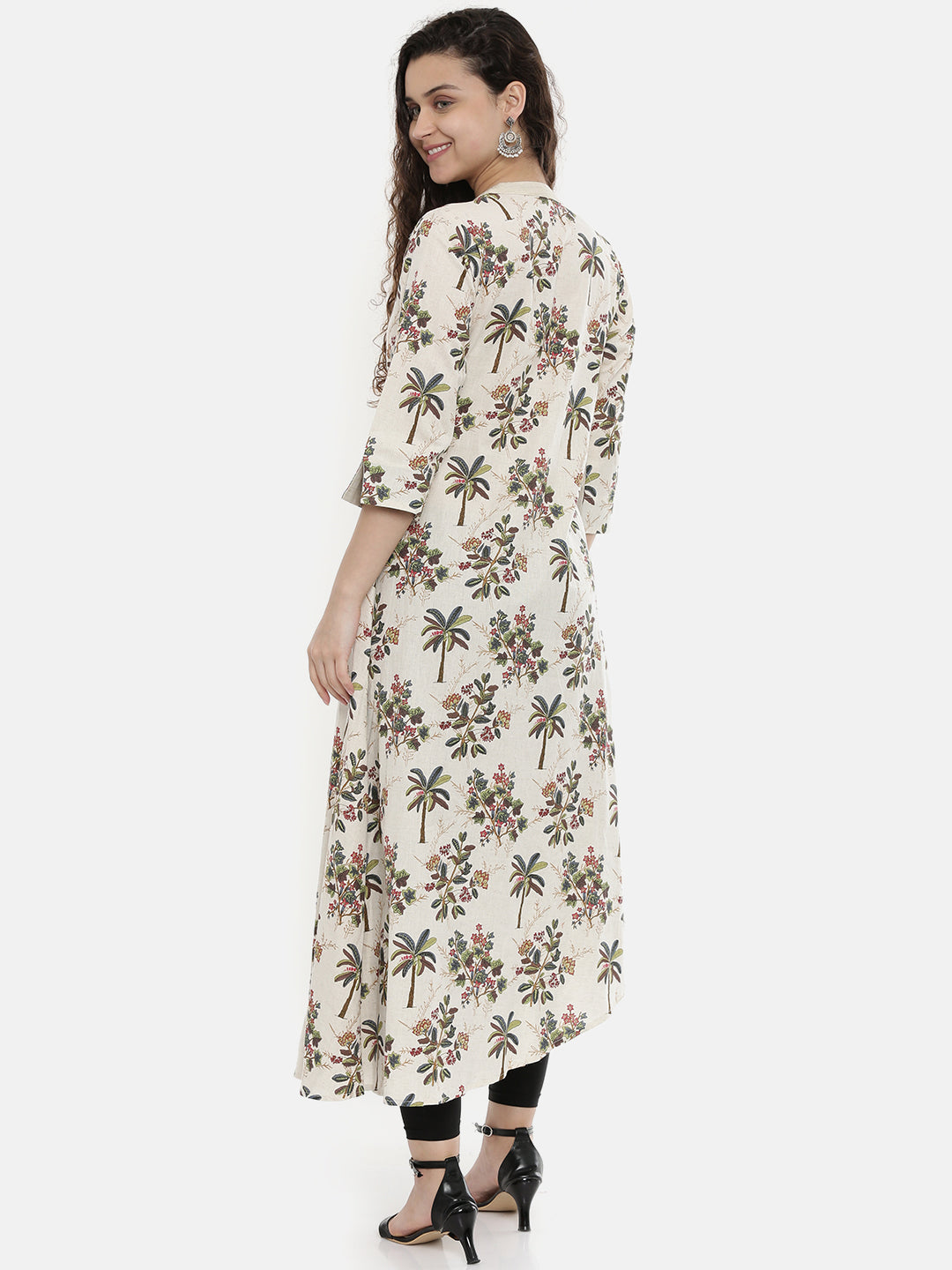 Neerus Ivory Printed High Low Kurta