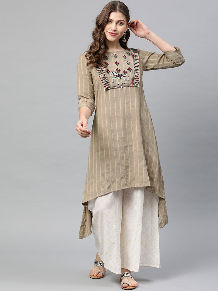Neerus Beige Striped High Low Kurta